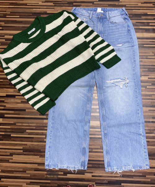 Blue Jeans With White and Green Knitted Pullover