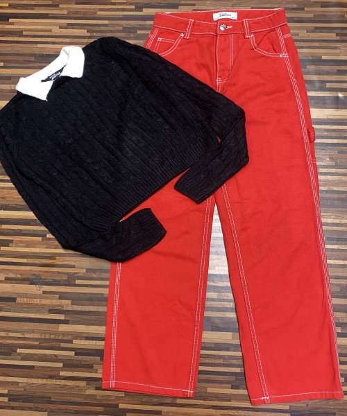 Red Jeans With Black Knitted Top