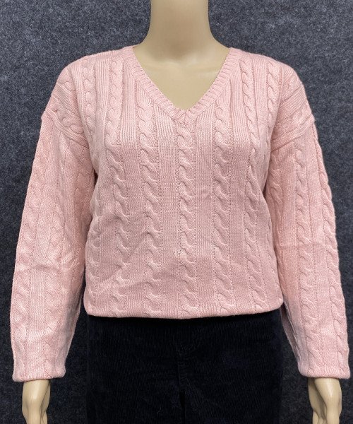 Pink V Neck Knitted Pullover