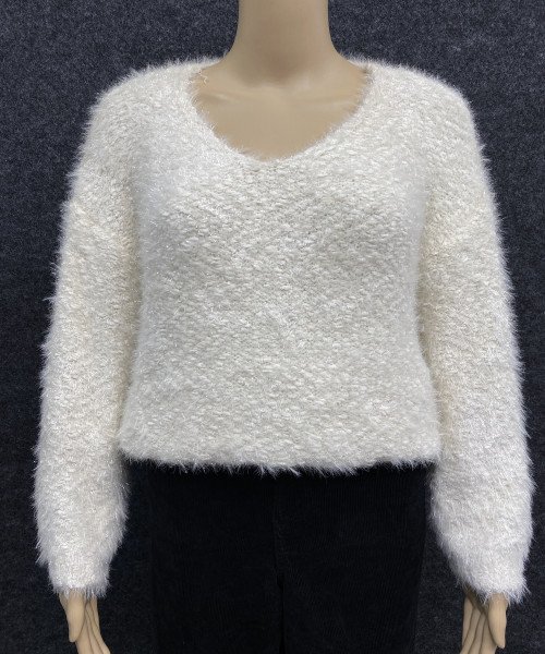 White V Neck Soft Fur Pullover