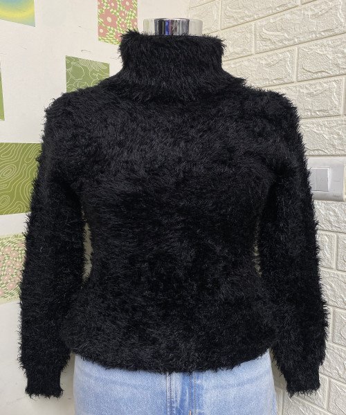 Black High Neck Soft Fur Pullover