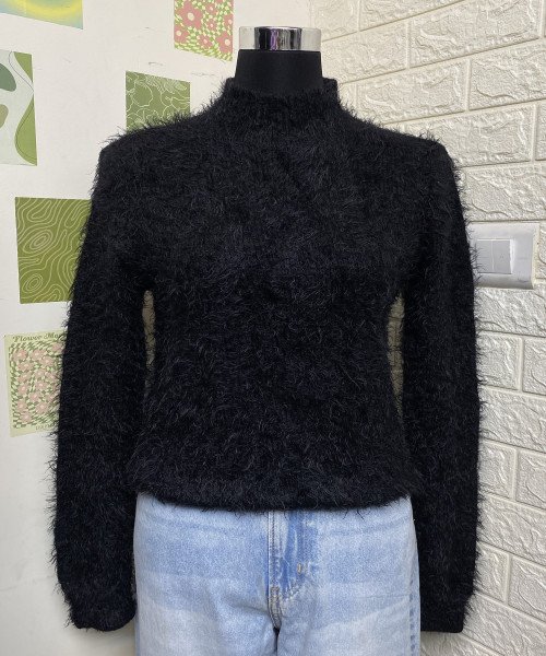 Black Turtle Neck Soft Fur Pullover