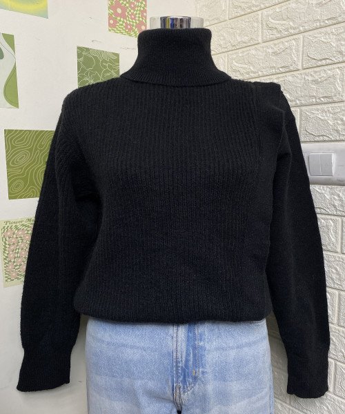 Women Black High Neck Knit Pullover