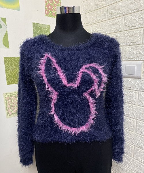 Navy Blue Printed Fur Pullover