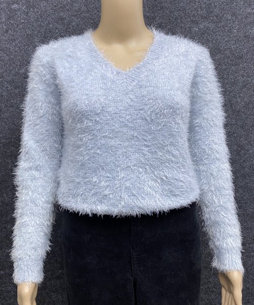 Light Blue V Neck Fur Pullover