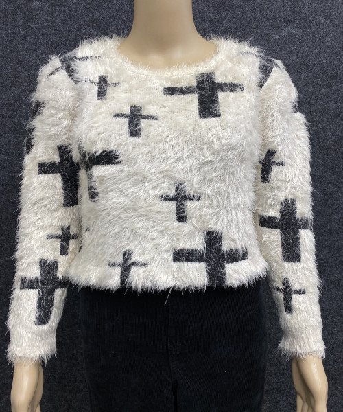 Off White With Black Round Neck Fur Pullover