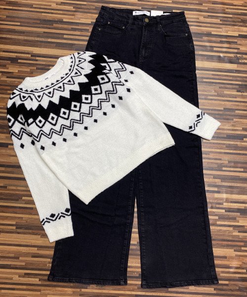 Black  Jeans With White and Black Knitted Pullover