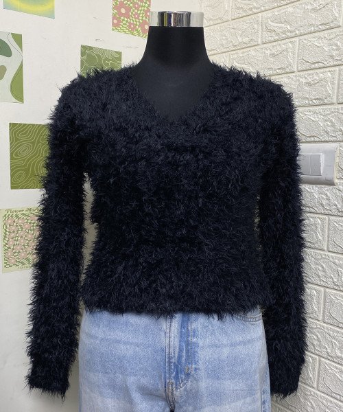 Black V Neck Fur Pullover