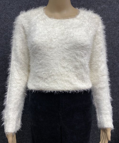 White  Round  Neck Fur Pullover