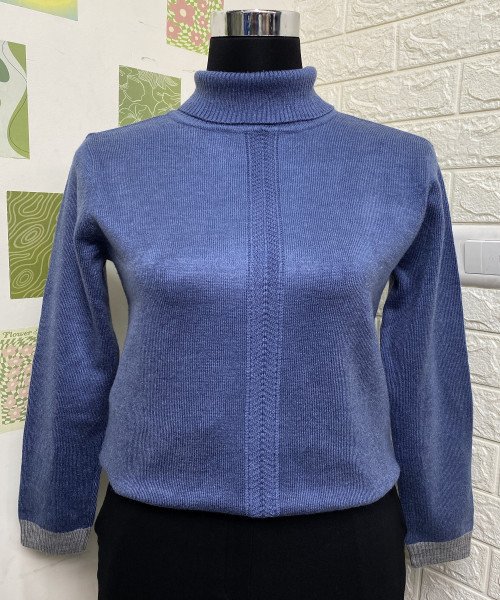 Blue High Neck Winter Knit Pullover