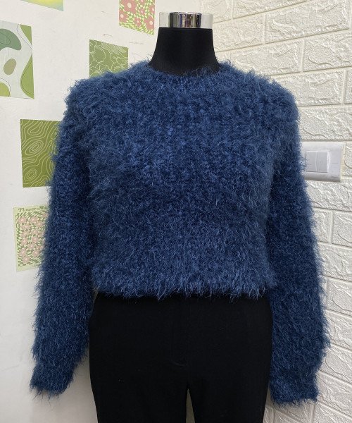 Navy Blue Round Neck Soft Fur Winter Pullover