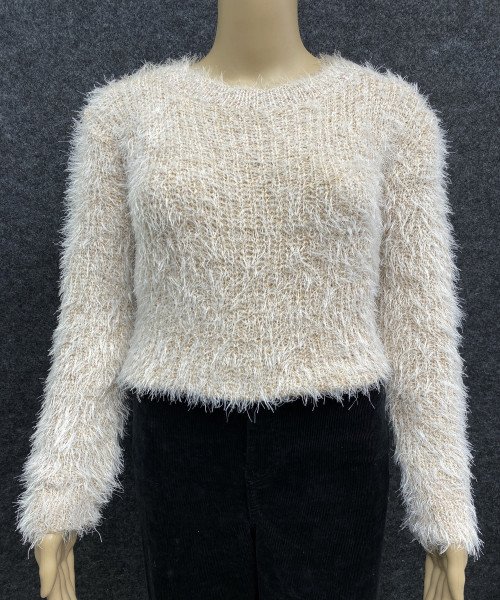 Off White Round Neck Fur Pullover