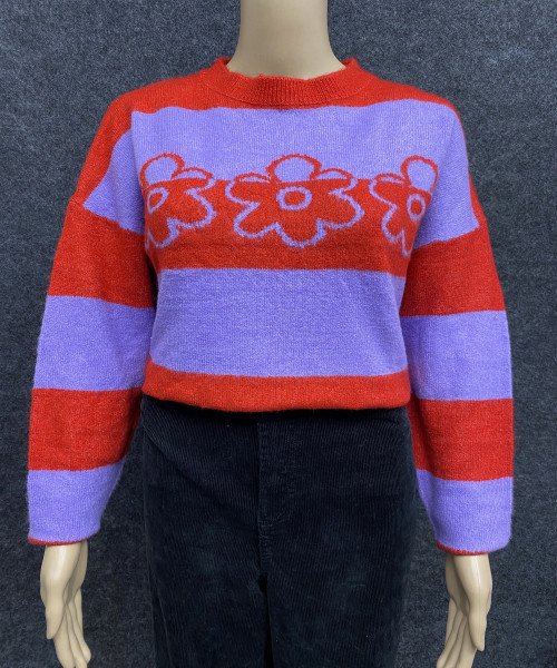 Blue With Red Printed Knitted Pullover