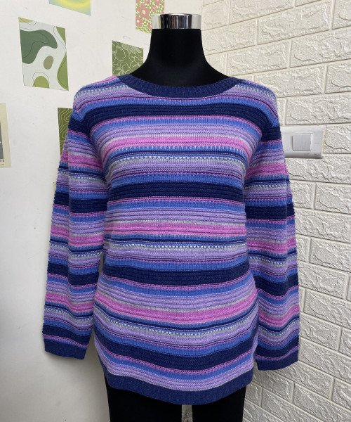 Blue With Pink Round Neck Knitted Pullover