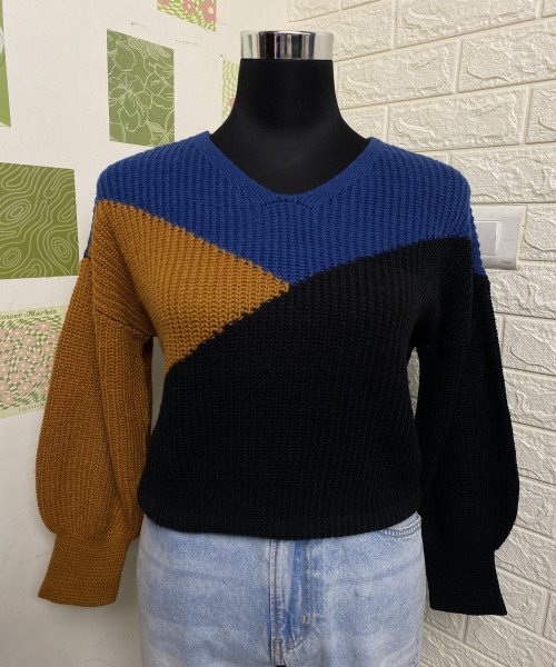 Brown  Blue  With Black Knitted Pullover