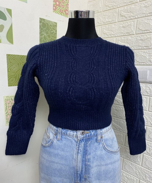 Navy  Blue  Round  Neck knitted Pullover