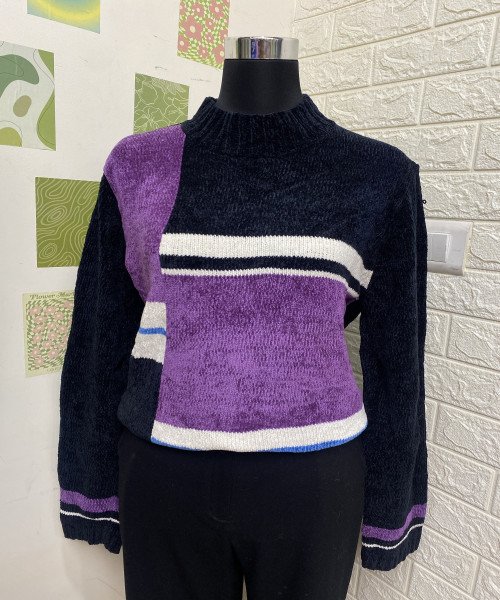 Purple With Black Turtle Neck Winter Pullover