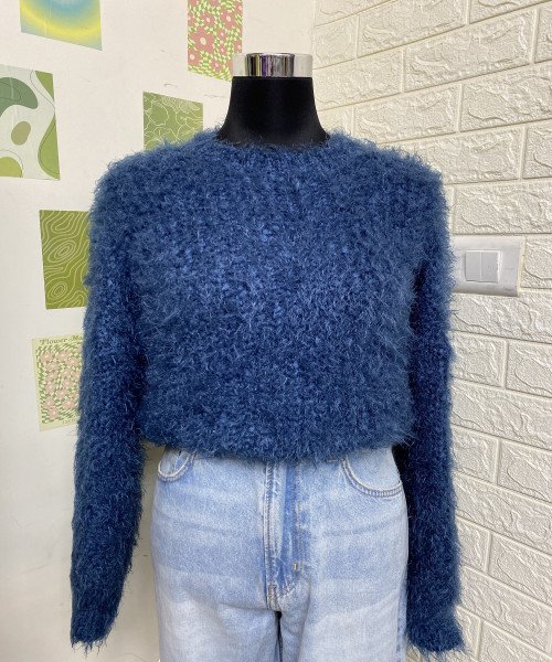 Blue Round Neck Soft Fur Winter Pullover