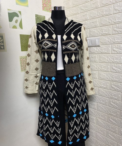 Off White With Black Long Knitted Shrug