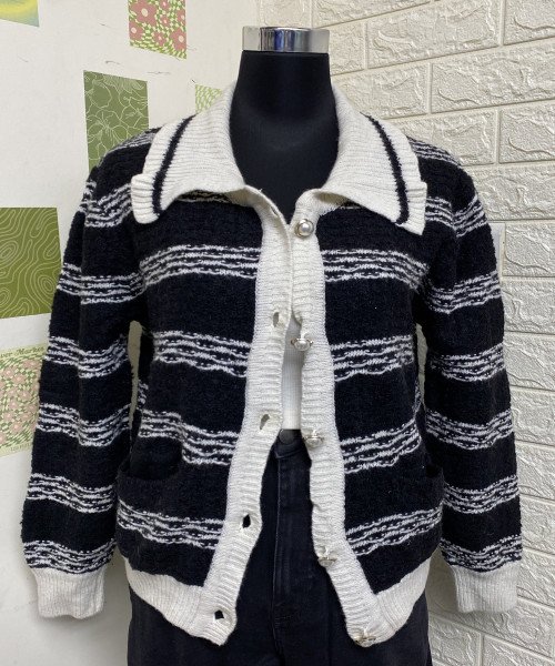 Black With White Winter Knitted Cardigan