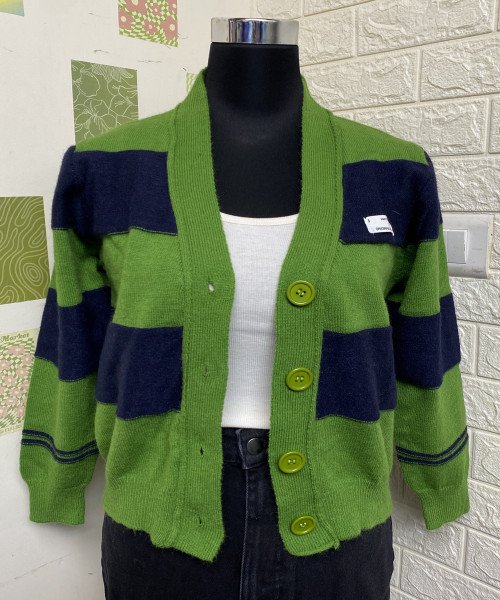 Green With Navy Blue Knitted Cardigan