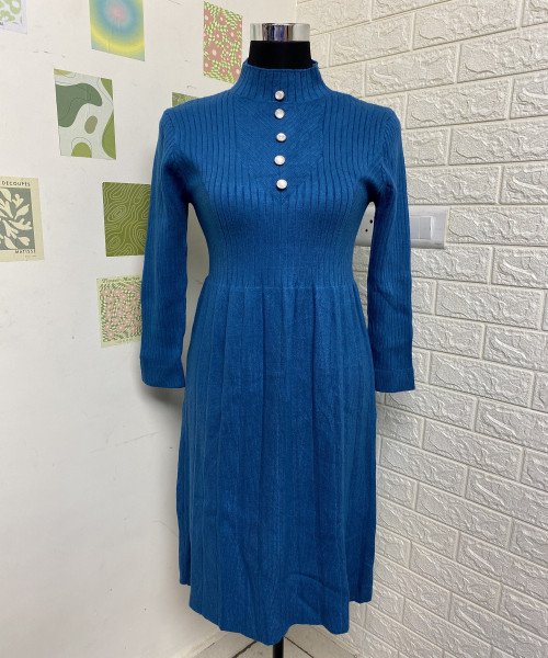 Blue Turtle Neck Winter Dress