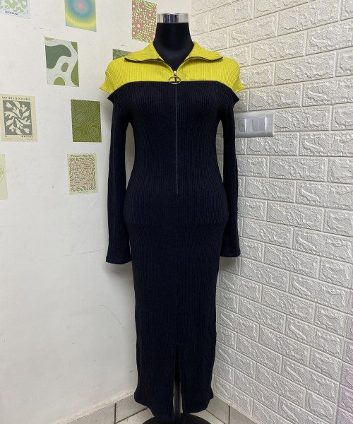 Black With Yellow Long Winter Dress