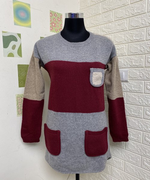 Maroon With Grey Winter Dress