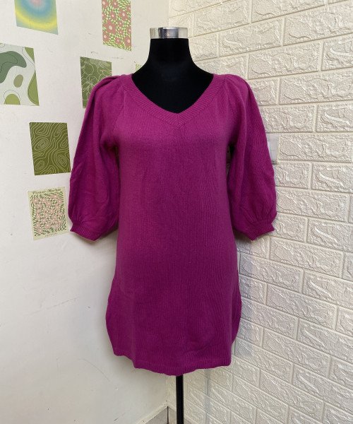 Pink V neck Winter Dress