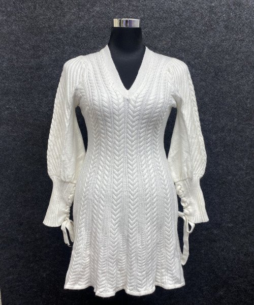 White  V  Neck Knitted Dress