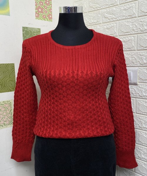 Red  Round  Neck Knitted Pullover