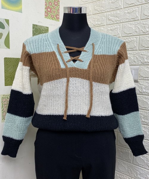 White  With Brown Winter Knitted Pullover