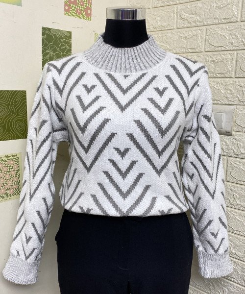 White With Grey Winter Knitted Pullover