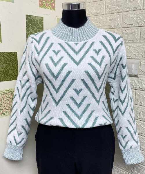 White With Green Winter Knitted Pullover