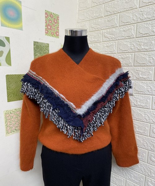 Orange V Neck Knitted Pullover