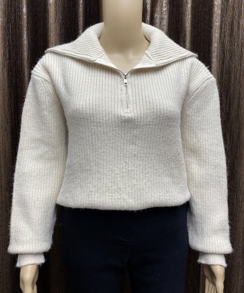 White Cable-Knit Half Zip Wool