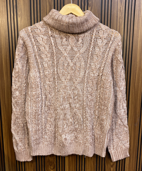 White With Pink High Neck Knit Pullover