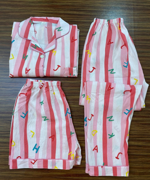 3 Pc Korean Pink printed Night wear